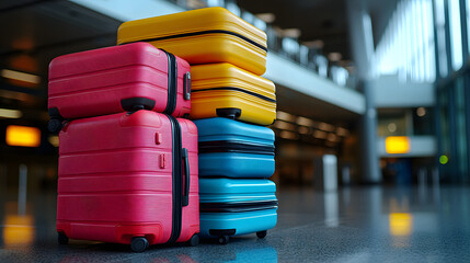 Fototapeta premium Colorful Travel Luggage Stacked at Airport Terminal on Smooth Floor