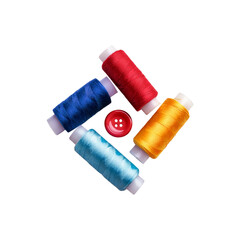 Three sewing thread with cloths plastic button on transparent background