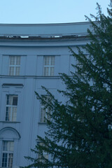 There is a large building standing tall with a beautiful tree situated in front of it, adding to...