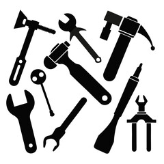 Black silhouettes of various mechanic tools on white background wrench hammer