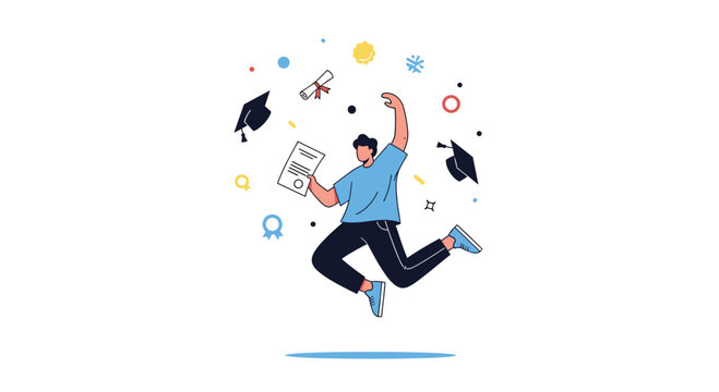 Excited graduate celebrating academic achievement with flying symbols of knowledge and success - Powered by Adobe