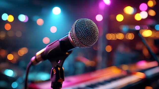 Dynamic close-up of a microphone on stage, ready for a vibrant live music performance. - Powered by Adobe