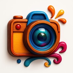 Colorful 3 D Camera Illustration with Orange Blue and Pink Elements on White Background