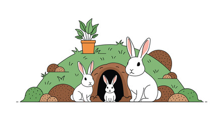 Fototapeta na wymiar A family of fluffy white rabbits emerging from their cozy burrow nestled amongst green hills