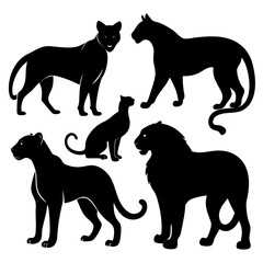 Black silhouettes of wild cats on white background tiger panther