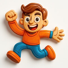 Cheerful wooden boy character in orange and blue running with raised fist and open hand on