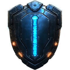 Detailed futuristic shield with glowing blue accents.