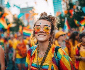 Festive Pride Parade: A Vibrant Celebration of Diversity and LGBTQ+ Rights with Colorful Attire and Joyful Faces.