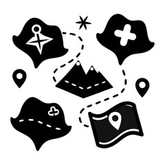 Black treasure map icons with paths and destinations navigation
