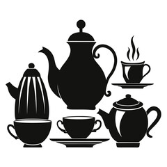 Black silhouettes of teapots and cups coffee beverage