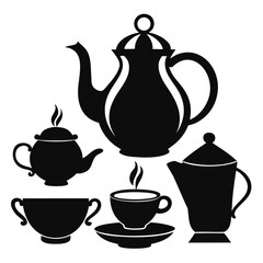 Black silhouettes of teapots and cups saucer steam