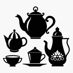 Black silhouettes of teapots and cups teacup coffee pot