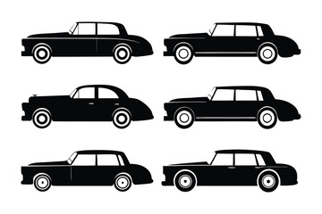 Classic Car Silhouette: Set of retro car in black and white in vintage style.