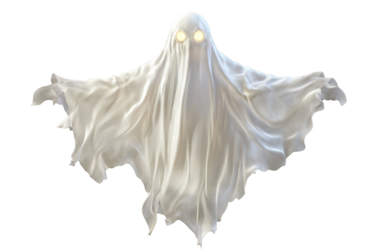Ethereal White Ghost Figure Floating in Darkness A Spooky Halloween Image