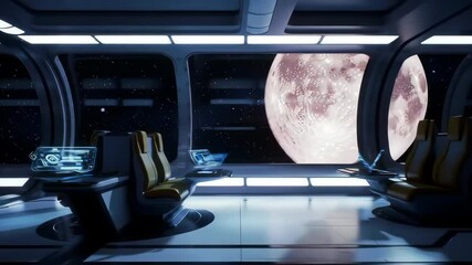 Spacious Futuristic Spaceship Interior with Moon Visible Through Large Window - Powered by Adobe