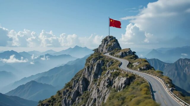 The winding road up the mountain symbolizes the challenging journey towards success and ambitious goals, with the Chinese flag flying at the top of the mountain. 4k video