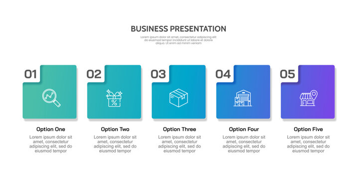 Gradient square with number Infographic 5 Options or Steps to Success. Presentation, Report, Banner and Poster. Vector illustration.