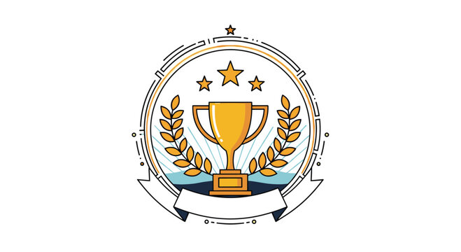 Golden trophy emblem with laurel wreath and stars symbolizing achievement and victory in competition - Powered by Adobe