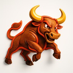 Cartoon bull illustration with brown and orange colors on a white background in a 3 D style