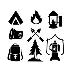 Camping tent campfire axe lantern and backpack silhouette vector