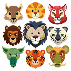 Cartoon jungle animal heads collection lion tiger cheetah elephant hyena vector