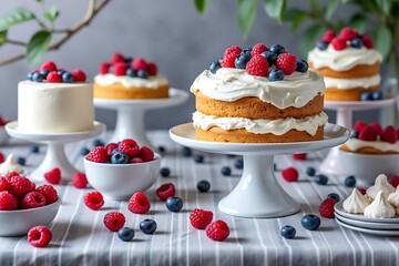 Two tier naked cake with cream and berries on cake stands berry raspberry