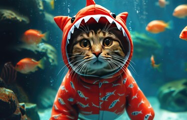 Fun background with a cute domestic tabby kitten in a red fish costume looking at the fish in the aquarium with bright eyes and fluffy fur.