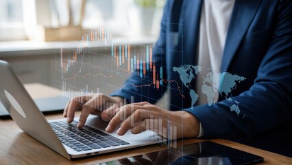 Business person analyzes global economics charts on laptop, planning strategy