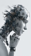  Close-up image of a humanoid robot's head composed of numerous small image fragments.
