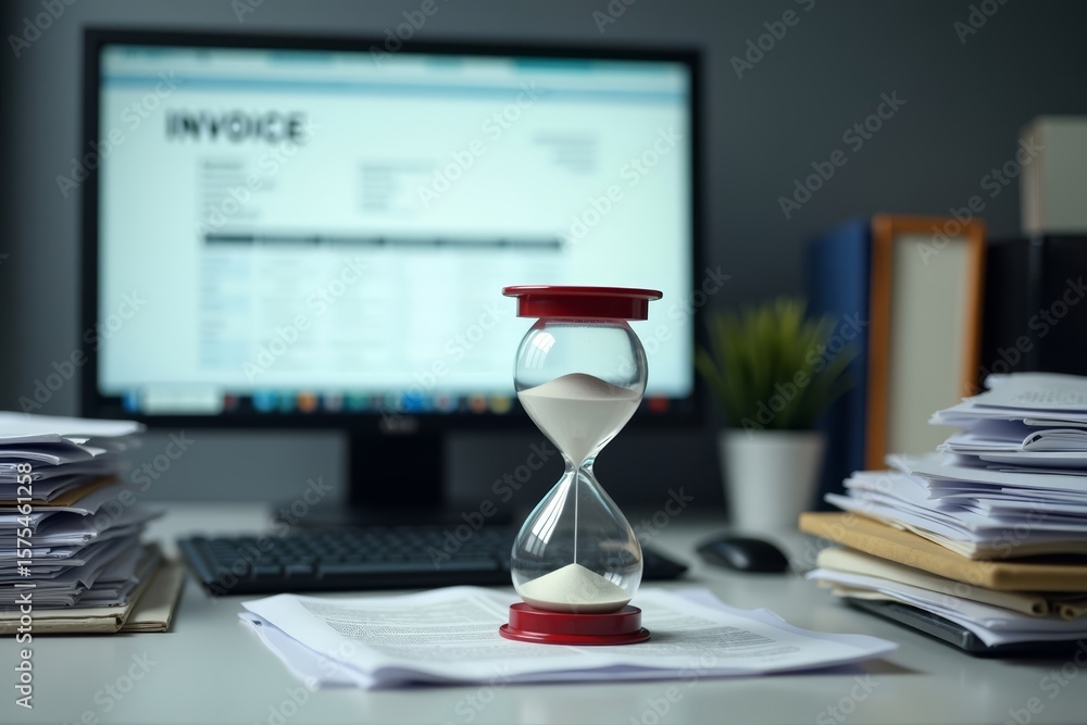 Poster creating a mock office desk scene: hourglass surrounded by paperwork, computer screen showing overdu