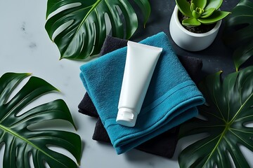 White cosmetic tube on teal and black towels with green monstera leaves cream lotion