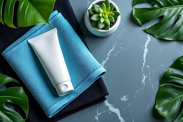 White cosmetic tube on blue towel with green monstera leaves cream lotion