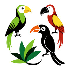 Colorful parrots and toucan with green foliage macaw tropical bird