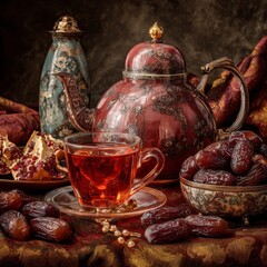 Festive Tea Ceremony: A visually rich still life capturing the essence of a festive tea ceremony, with a vibrant display of a teacup, teapot, dates, and a pomegranate.