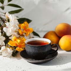 Tea and Exotic Fruits: A rustic ceramic tea cup rests gracefully on a matching saucer, accompanied by a small bunch of vibrant yellow and white flowers with delicious mangoes. A tranquil.