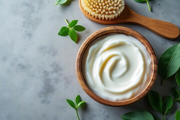 White cream in wooden bowl with brush and green leaves image