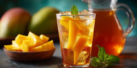 Mango Iced Tea: A refreshing composition features a chilled glass of mango iced tea with fresh mint, complemented by ripe mangoes.