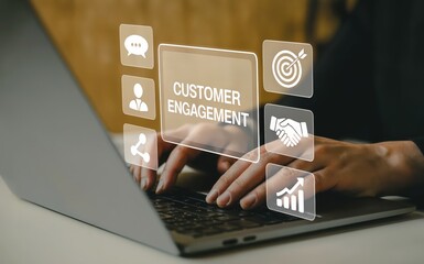Customer engagement using laptop with goal, success, and communication icons.