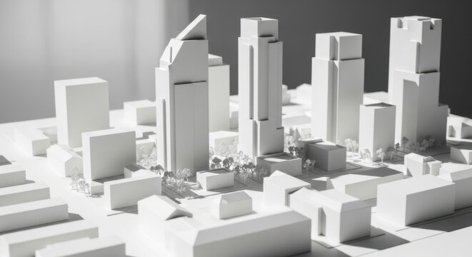 White Architectural Model of Modern Cityscape with Tall Buildings and Small Structures