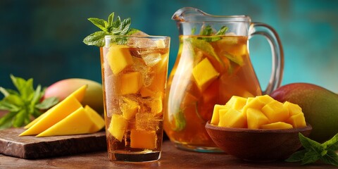Tropical Refreshment: A vivid depiction of a tall glass and a pitcher of mango iced tea, garnished with fresh mint and ice, alongside slices of juicy mangoes, evoking the taste of summer.