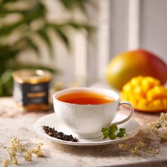Serene Tea Moment: A delicate teacup, filled with steaming tea, rests on a saucer, complemented by the vibrant presence of a mango, inviting moments of tranquility.