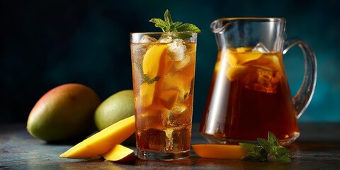 Refreshing Mango Iced Tea: A vibrant composition showcases a tall glass of iced tea adorned with a lemon slice and mint sprig alongside a pitcher, fresh mangoes.