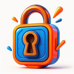 3 D rendered blue and orange padlock with wooden keyhole and handle on a white background