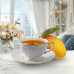 Mango Tea Serenity: An inviting composition features a teacup, saucer, and a ripe mango, all bathed in soft, natural light. Evoking a sense of calm and simple pleasure.