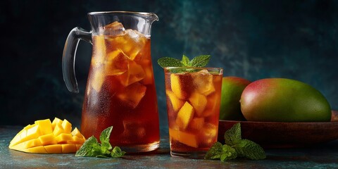 Refreshing Mango Ice Tea: A cool pitcher and glass of mango ice tea, garnished with fresh mint, promise a burst of tropical flavor and refreshing coolness.
