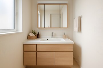 Modern bathroom featuring a light wood vanity with a white countertop and integrated sink. 