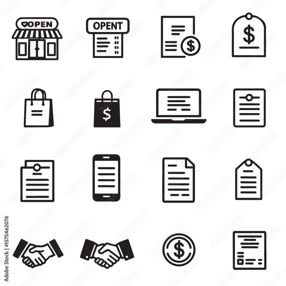 Fototapete assorted commerce related graphics in black and white style set of icon