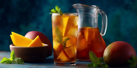 Tropical Refreshment: Chilled Mango Iced Tea, Refreshing Blend, Featuring a vibrant display of freshly cut mangoes, refreshing iced tea, and fragrant mint leaves.