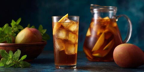 Iced Tea Paradise: A tantalizing iced tea composition, featuring a refreshing glass, a pitcher brimming with iced tea and sliced peaches, a bowl filled with peaches, and fresh mint.
