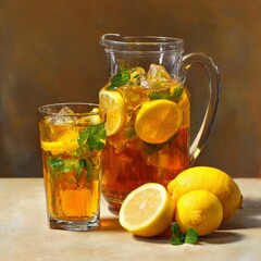 Lemon Iced Tea Refreshment: A visually appealing arrangement features a glass and pitcher brimming with ice-cold lemon iced tea, accented by fresh lemon slices and fragrant mint sprigs.
